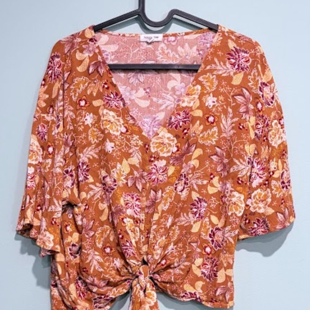Floral Boho Flowy Tie Front Short Sleeve Rayon Gauze Top M Loose Gold